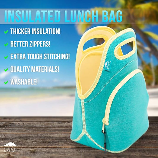 Nordic By Nature Neoprene Lunch Bag for Women & Lunch tote for Kids Insulated Lunch bag Reusable Washable Extra Thick Neoprene & Soft Cotton Feel, Premium Stitching, Outside Pocket, (M) Lagoon