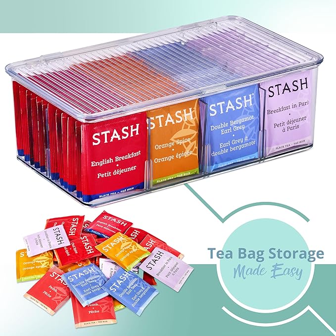 Sorbus 2 Pack Tea Bag Organizer Bins w/Lids & 4 Removable Dividers, Clear Plastic Food Packet Snack Organizer, Stackable Pantry Organization, Kitchen Storage, Fridge Bins, Sturdy Cabinet Organizers
