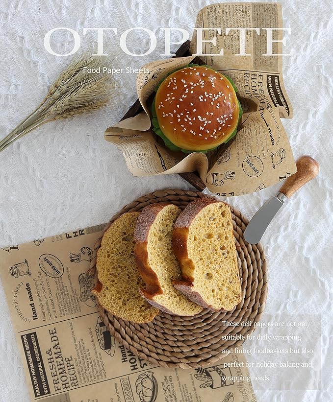 OTOPETE 200Pcs Food Paper Sheets, 10"x10" Grease Resistant Food Wrapper Paper，Newspaper Theme Hamburger Sandwich Basket Liner, Tray Liner, for Home Kitchen Baking, Picnic, Party, Kraft Paper