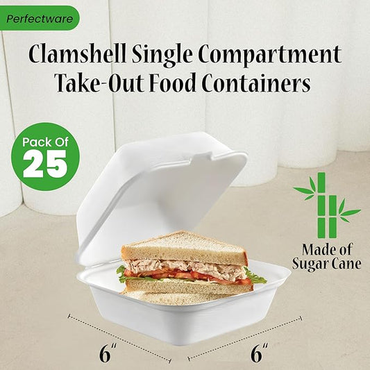 100% Compostable Clamshell Single Compartment Take Out Food Containers 6x6". 25 Containers, Natural Disposable Bagasse, Eco-Friendly Biodegradable Made of Sugar Cane-Package of 25ct