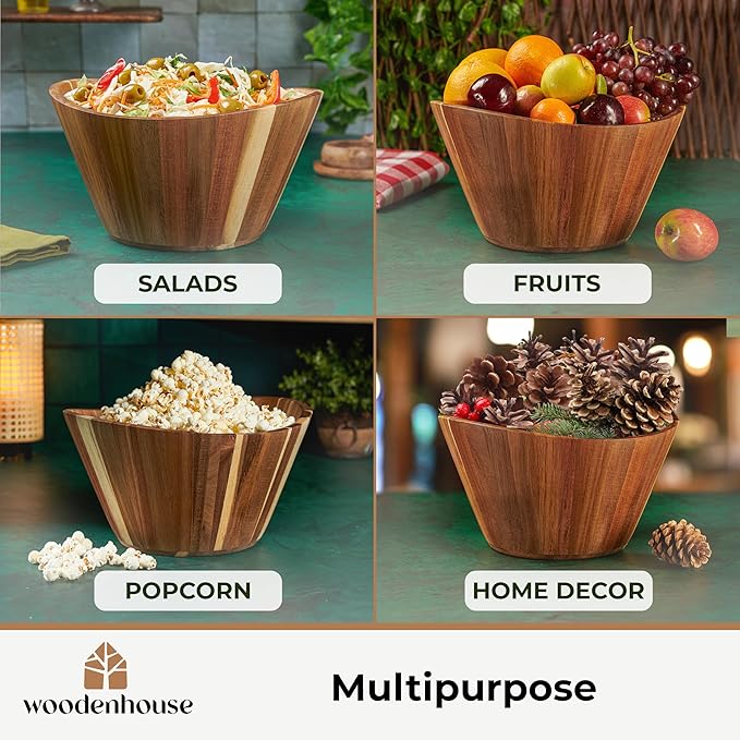 Wooden Salad Bowl, Wooden Bowl, Fruit Bowl - 12" Wavy Large Salad Bowl for Serving, Handmade, Durable and Stylish Natural Wood Dining Accessory by Woodenhouse