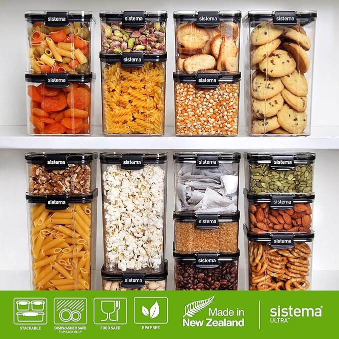 Sistema Ultra Tritan Airtight Pantry & Kitchen Storage Containers 3 Square Plastic Food Containers with Lids (1x 1.3L + 2x 700ml) Stackable with Locking Clips BPA-Free [82008]