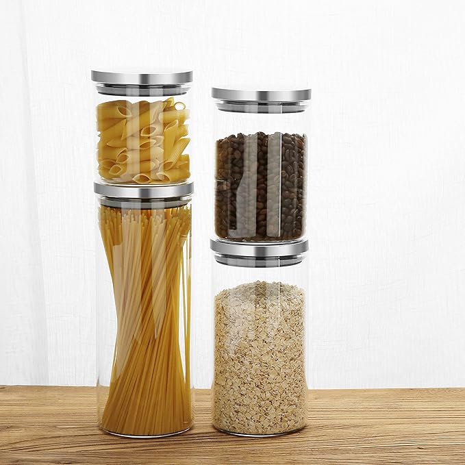 SIXAQUAE Glass Food Storage Containers Jar Stainless Steel Lids 4 Packs 1000ml Airtight Canister Organization Sets Stackable