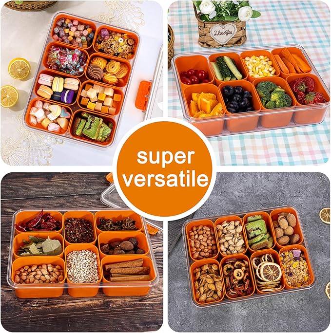 U-QE Dishwasher Safe Snackle Box Container with 8 Small Snacks Box - Premium Orange Plastic Divided Serving Tray with Lid and Handle for Snack, Veggie, Fruits, Perfect for Party, Picnic,Entertaining