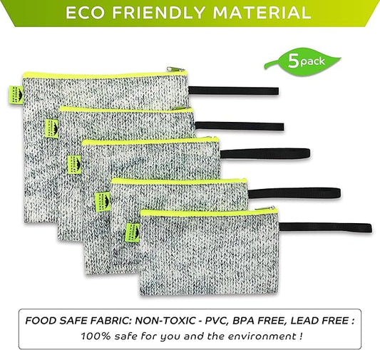Nordic By Nature Reusable Sandwich Bag Snack Bags - Value Pack of 5 Dual Layer Lunch Baggies - Dishwasher Safe - Eco Friendly Cloth Wraps - Easy Open Zipper (Grey/Neon)