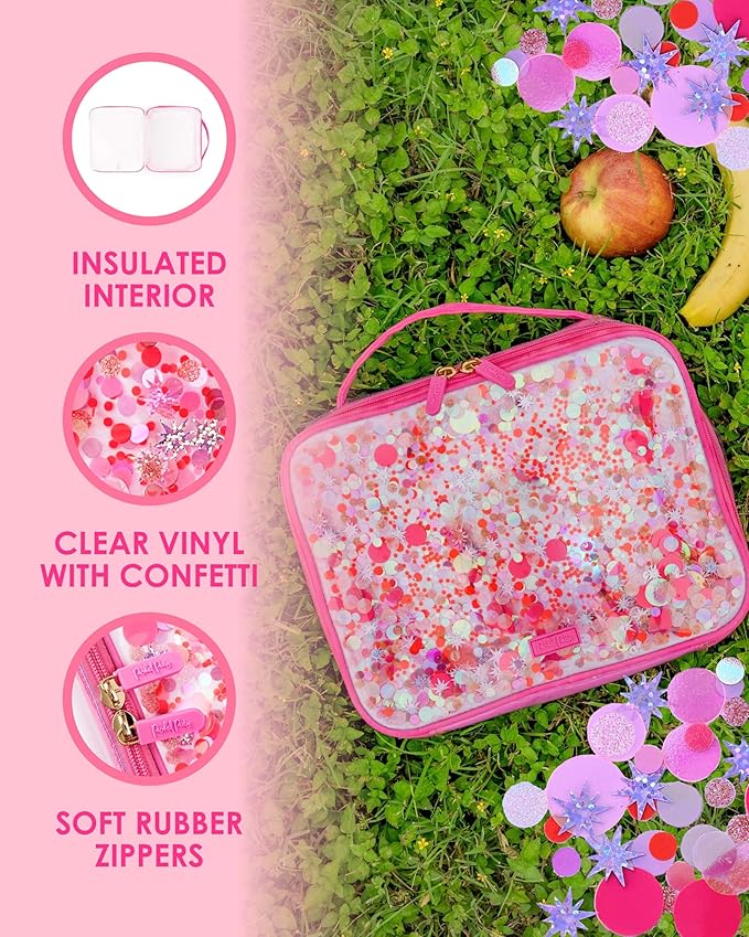 Packed Party Purple Confetti Lunchbox; Cute, Soft Insulated Lunch Bag; Lunch Box Cooler Fits a Water Bottle, Ice Packs for Cold Food, or Hot Food (Pink - Sweet Tart)