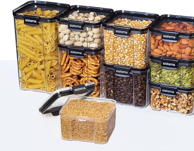 Sistema Ultra Tritan Airtight Pantry & Kitchen Storage Containers 3 Square Plastic Food Containers with Lids (1x 1.3L + 2x 700ml) Stackable with Locking Clips BPA-Free [82008]