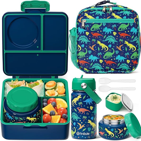 Fimibuke Bento Box for Kids Adult - Leakproof 3-4 Compartments Lunch Bento Box Set with Insulated Thermos Food Jar, Water Bottle, Lunch Bag, Sauce Cup & Cutlery for Toddler Girl Boy Age 3+