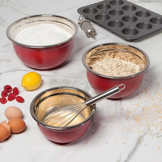 Now Designs Matte Coated Steel Mixing Bowls, Carmine Red, 5 qt, 3 qt, 1.5qt, Set of 3