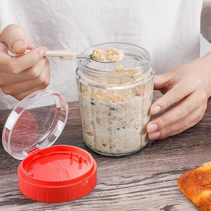 Overnight Oats Containers with Lid and Spoon - 16oz Glass Mason Jars for Meal Prep, Yogurt,Pudding- Set of 4