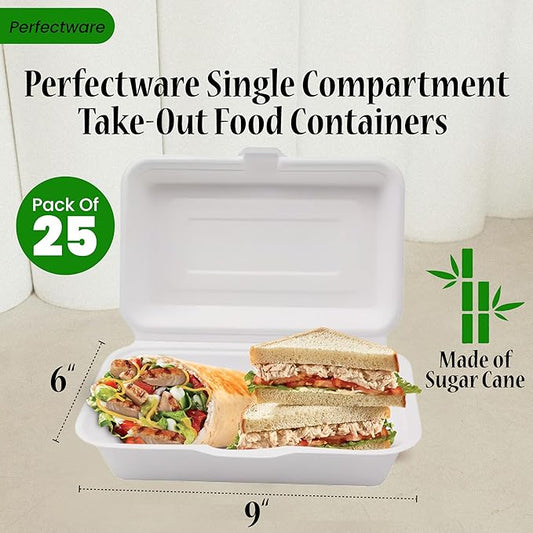 100% Compostable Single Compartment Take Out Food Containers 9x6". 25 Containers, Natural Disposable Bagasse, Eco-Friendly Biodegradable Made of Sugar Cane-Package of 25ct