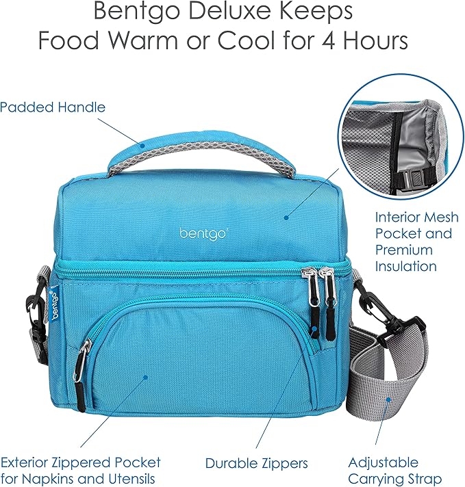 Bentgo Deluxe Lunch Bag - Durable and Insulated Lunch Tote with Zippered Outer Pocket, Internal Mesh Pocket, Padded and Adjustable Straps, & 2-Way Zippers - Fits All Lunch Boxes (Blue)