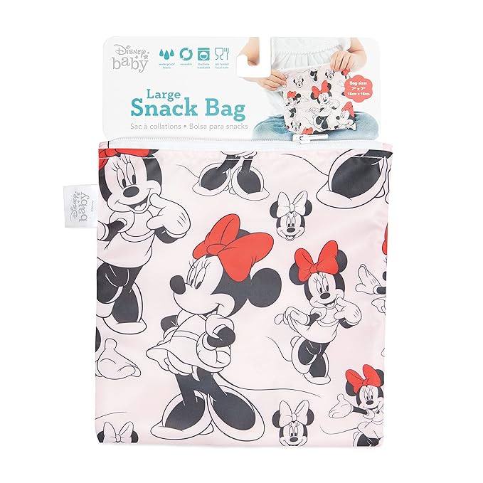 Bumkins Disney Reusable Sandwich and Snack Bags, for Kids School Lunch and for Adults Portion, Washable Fabric, Waterproof Cloth Zip Bag, Travel Pouch, Food-Safe, Large, Minnie Mouse Classic