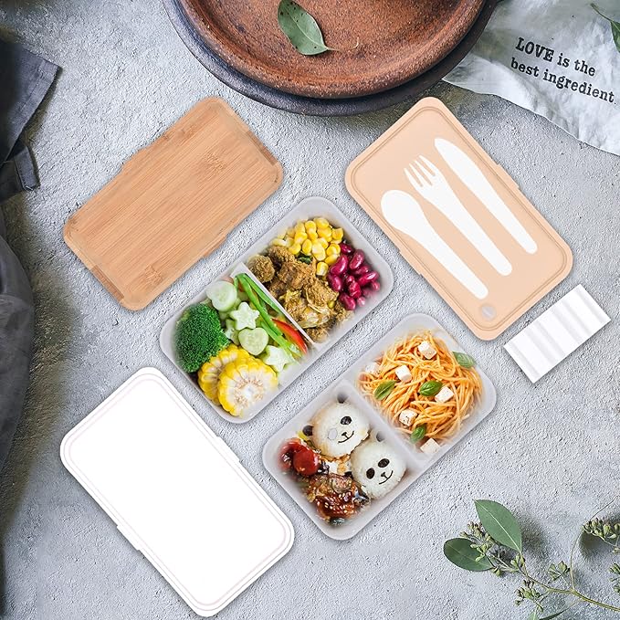1200ML Bento Boxes, Japanese Lunch Boxes, 2 Stackable Food Containers,for Adults, Men&Women, with Nylon Sealing Strap,Built-In Reusable Cutlery,BPA Free,Bamboo Lid,Microwave Safe (WHITE)
