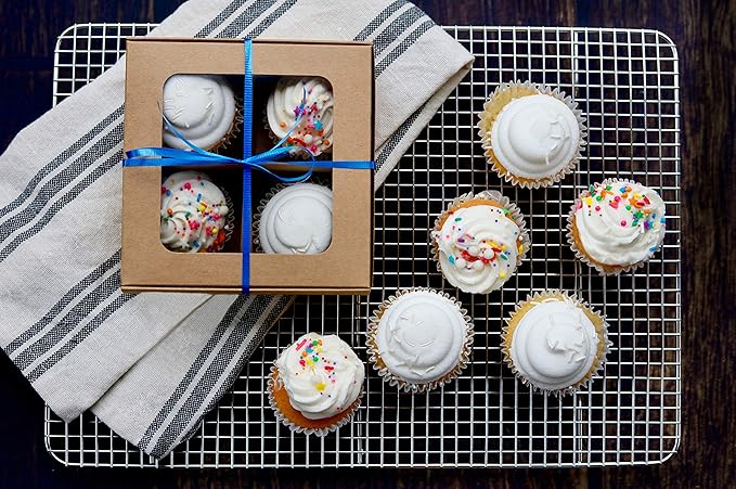 Treat boxes with window and dividers | 4 MEDIUM compartments | 6 x 6 x 2.4 in | Valentine treat boxes, baked goods packaging, box for cookies, pastry packaging | 24-pack (Kraft)