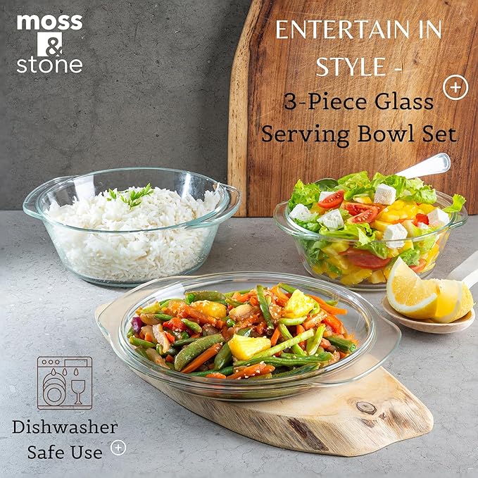 Moss & Stone Basics 6-Piece Clear Glass Casserole Dishes for Oven With Lids, Durable Borosilicate Glass Bakeware Set, Glass Bowls Bakeware Dish Microwave Safe, 3 Size Round Casserole Dish With Lid