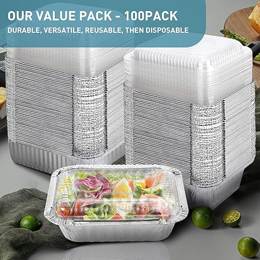 1LB Takeout Aluminum Pans with Clear Plastic Lids（100PACK）, Foil Pans - to Go Food Containers，Recyclable Aluminum Foil with Strong Seal for Freshness & Spill Resistance- 5.5"x 4.5"x 1.57"