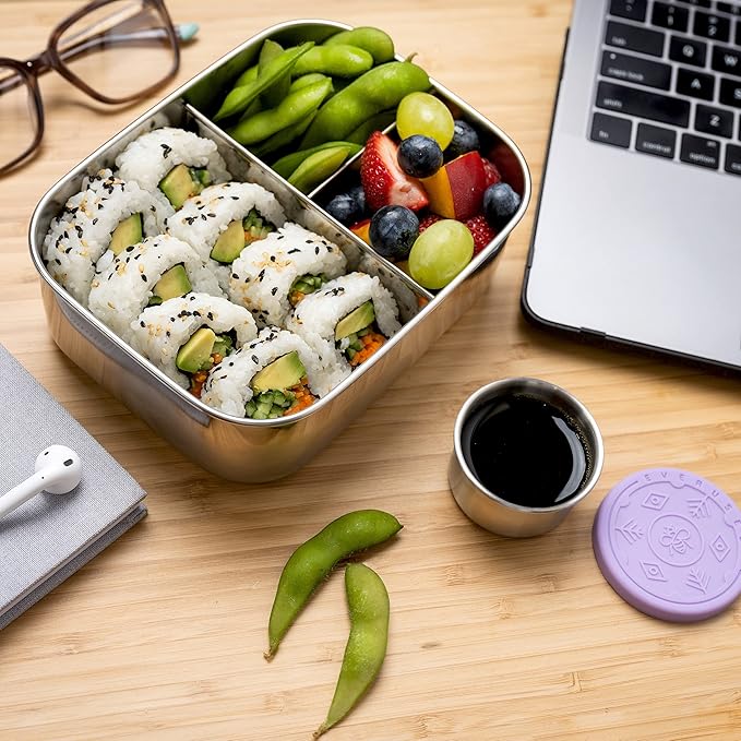 Everusely - Bento Box for Kids - Lavender, 6.5x4.7 / 27oz - Stainless Steel Lunch Box w/Leakproof Condiment Container - 3 Compartment Snack Box for School, Office Meals - Freezer & Dishwasher Safe