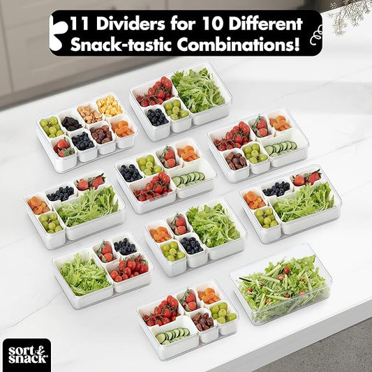 Sort & Snack 10 in 1 Large Snackle Box Container, Dishwasher safe snackle box, Customizable Snack Box, Veggie Tray with Lid, Divided Serving Tray with Lid, Travel Snack Container, Snack Organizer