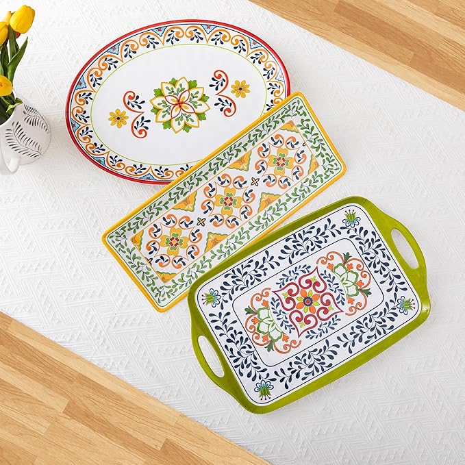 Melamine Serving Platter, Set of 2,Talavera Melamine Large Serving Tray,19''x8'' Rectangular and 18''x14'' Oval Platter set. Multi-Color