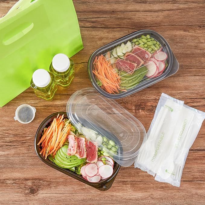 Restaurantware RW Base 25 Ounce Meal Prep Containers, 100 Microwavable To Go Containers With Lids - Disposable, Freezable, Black Plastic Oval Food Containers, Pack Hot And Cold Food, For Takeaway