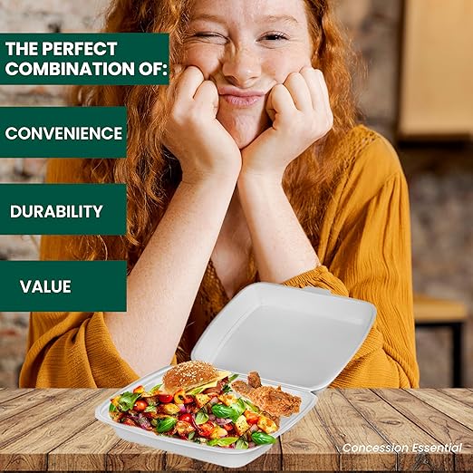 Concession Essentials Pack of 30CT Large 9 x 9 x 3.5 Inch Foam 3-Compartment Containers, White, Hinged, with Optional Venting, Polystyrene, 9"L x 9"W x 3.5"H