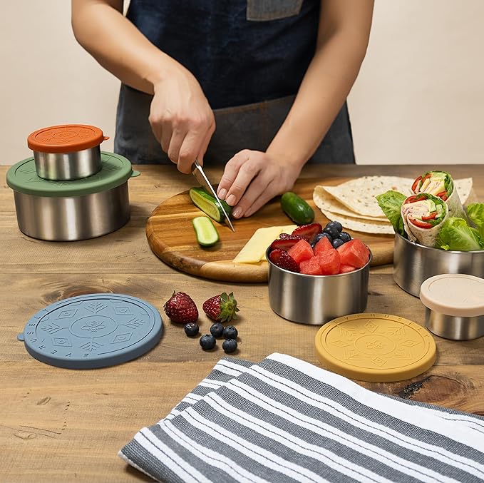 Everusely - Stainless Steel Containers with Lids - Set of 5, Muted Collection - Leakproof Stainless Steel Food Containers - Nesting Snack Holders - Metal Lunch Box - Portable & Reusable Meal Kit