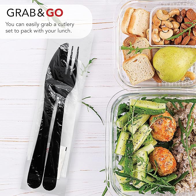 Party Essentials Individually Wrapped Black Plastic Utensil Sets/Heavy Duty Flatware Packs, Fork/Knife/Napkin/Salt/Pepper, 100 Sets