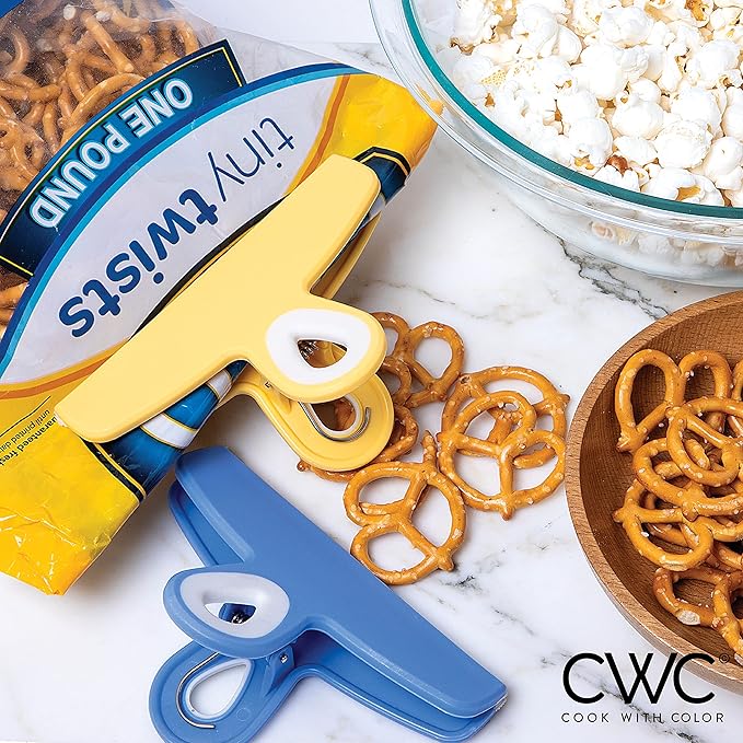 COOK WITH COLOR Bag Clips - Heavy Duty Chip Clip and Refrigerator Magnet Clips for Food Storage with Air Tight Seal Grip, Yellow and Blue, Pack of 4 Large Clips