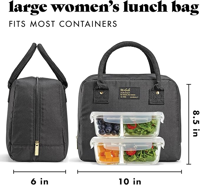 Fit & Fresh Lunch Bag For Women, Insulated Womens Lunch Bag For Work, Leakproof & Stain-Resistant Large Lunch Box For Women With Containers, Zipper Closure Bloomington Bag, Black