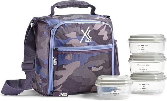 Fit & Fresh JAXX Meal Prep Lunch Box With Container For Men and Women, 5pc. Meal Prep Kit Lunch Bag With Containers Included, Camo Plum