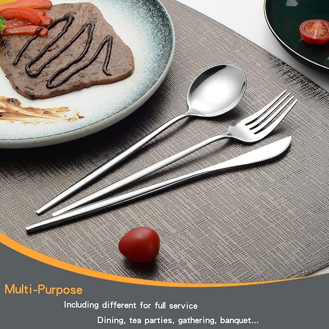 Mirror Modern Flatware Set for 8, 40-Piece Stainless Steel Silverware Set, LaienLife Unique Utensils with Long Forks Spoons and Knives Sets, Great for Home and Restaurant, Dishwasher Safe - Silver