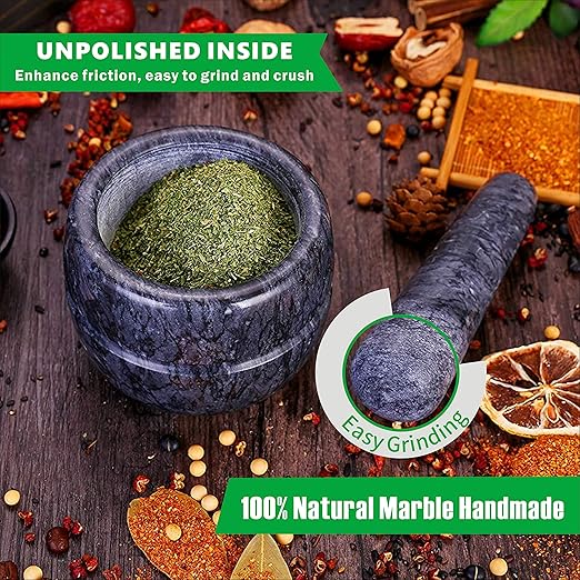 Mortar and Pestle Set Polished Natural Marble Stone Guacamole Molcajete Bowl with Base Silicone Pad,Matching Stainless Spoon and Matching Small Brush 200ml Capacity(Small, Dark Gray)