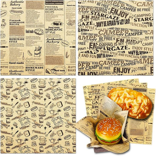 OTOPETE 300Pcs Food Paper Sheets, 12"x12" Greaseproof Paper Sheets, Three Patterns Kraft Paper, Food Basket Liner, Tray Liner, Wrapping Bread Hamburger Sandwiches, for Family, Bakery, Picnic, Party