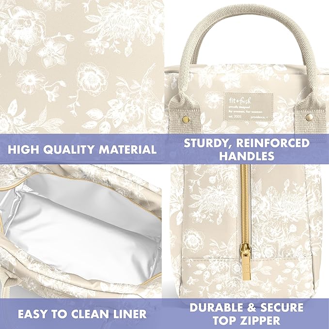 Fit & Fresh Lunch Bag For Women, Insulated Womens Lunch Bag For Work, Leak Resistant & Stain-Resistant Large Lunch Box For Women With Containers, Zipper Closure Bloomington Bag, Tan Toile