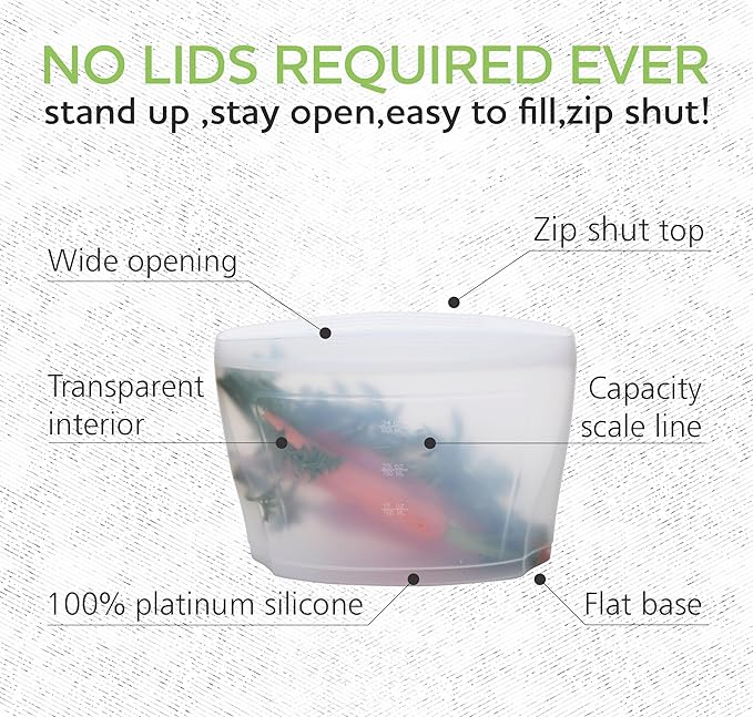 Reusable Silicone Food Storage Bag, Set of 6 White Stand Up Food Storage Container, Reusable Zipper seal bag, no lid required, for Food Storage& Meal Prep, Freezer Oven Dishwasher - Safe