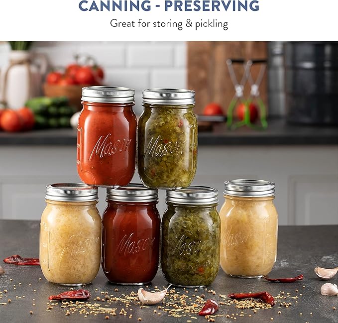 Paksh Novelty Mason Jars with Lids & Sealer - 5 Pack 16 Oz Regular Mouth Glass Canning Jars - Food Storage Container - Airtight Container for Pickling, Candles, Overnight Oats, Fruit Preserves