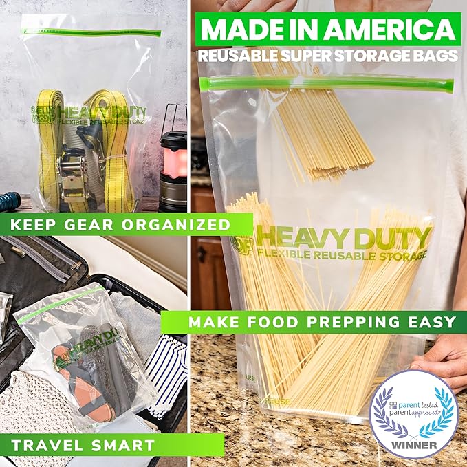 Smelly Proof HEAVY DUTY Reusable STAND-UP Ziplock Bags for Food Storage, USA Made, NO PEVA & BPA FREE, Reusable Freezer Bags, Dishwasher-Safe, Triple Zip, CLEAR 5-mils XXL 2-Gallon 12" x 16" - 5pk