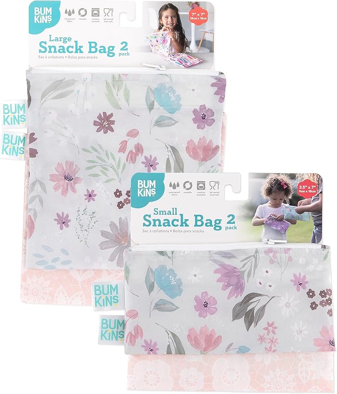 Bumkins Reusable Sandwich and Snack Bags, for Kids Lunch Bags and for Adults, Washable Fabric, Cloth Zip Bag, Dishwasher-Safe, Food-Safe, Safety Tested (4-Pack)
