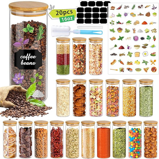 16 oz 20 pcs Glass Jars with Bamboo Lids, Airtight Kichen Glass Pantry Storage Containers with Lids for Rice, Candy, Sugar, Flour, Nuts, Cookie, Spice