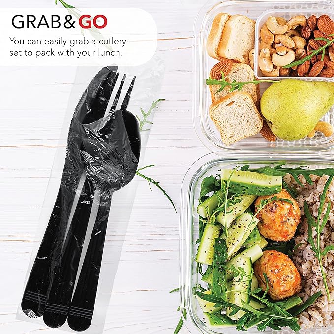 Party Essentials Individually Wrapped Black Plastic Utensil Sets/Heavy Duty Flatware Packs, Fork/Spoon/Knife, 100 Sets
