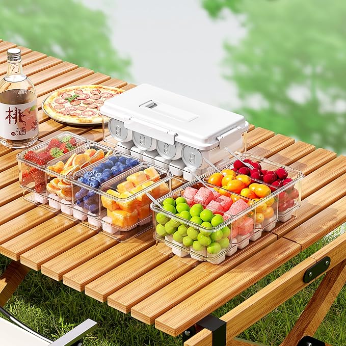 Eanpet 3Pack Ice Chilled Condiment Caddy with 4 Containers & 4 Lids Fruit Serving Tray Platter with Handle Portable Condiment Organizer Server for Mimosa Bar Supplies,Salad,Taco,Party Garnish,Multi