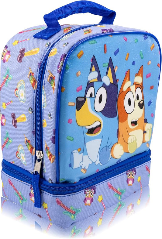 Fast Forward Bluey Lunch Box for Kids With Glitter | Insulated Lunch Bag Lunch Box for Boys, Girls, Unisex | Bluey and Bingo Blue Reusable Lunchbox