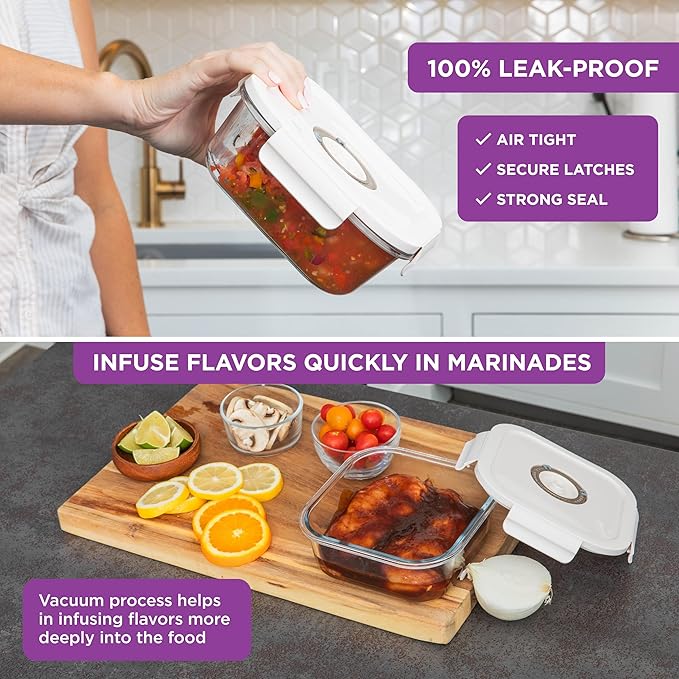 HOLDN’ STORAGE Vacuum Food Storage Containers, Set of 6 Glass Containers plus a Manual Vacuum Pump – Keep Food Fresh Longer, BPA-Free Glass, Leak-Proof, Ideal for Meal Prep, Marinating.