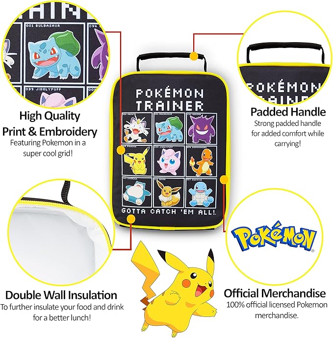 Pokemon Insulated Lunch Bag for Kids – Ideal for School, Travel, and Days Out (Black)