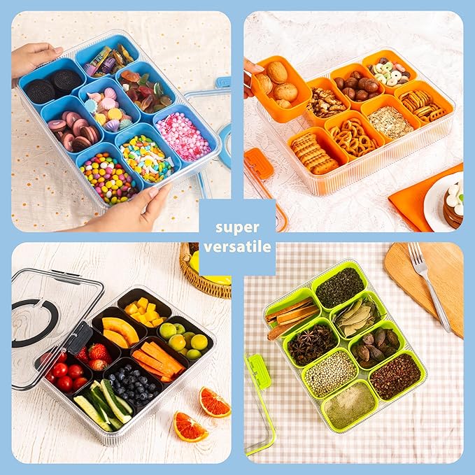 Patent Divided Serving Tray with Lid & Handle - Snackle Box Organizer for Charcuterie, Sandwiches, Veggies, Fruits, Candy - Portable Food Storage for Travel, Beach, Picnics（1 pcs, Orange）