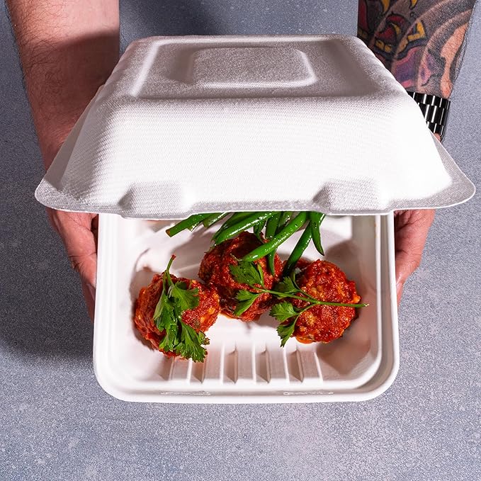 White Disposable Food Containers with Lids, To Go Clamshell, Take Out Boxes for Delivery, Cakes, Desserts, Party Favor, Events, 8x8 100 Pack