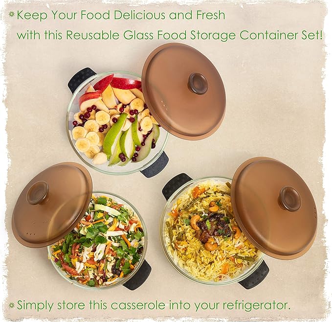 Moss & Stone 3-Piece Glass Casserole With Covered, 2.6/1.5/1 Qt Durable Bakeware Set, Borosilicate Glass Bowls, Bakeware Dish Oven Safe, & Microwave Safe, Clear Glass Baking Dish
