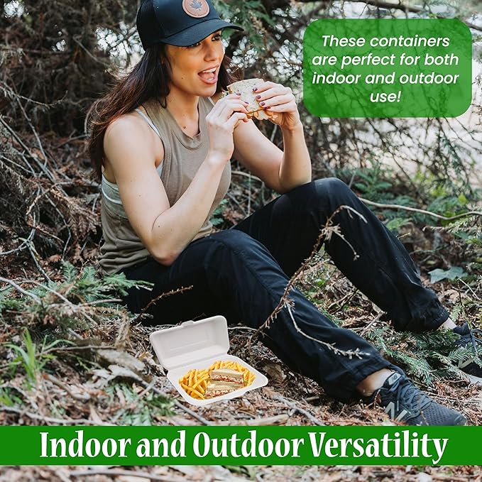 100% Compostable Single Compartment Take Out Food Containers 9x6". 25 Containers, Natural Disposable Bagasse, Eco-Friendly Biodegradable Made of Sugar Cane-Package of 25ct