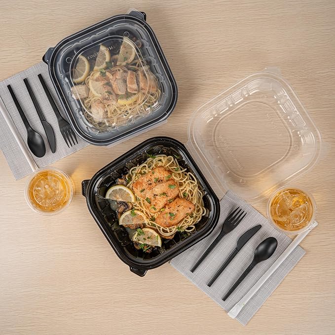 Restaurantware Thermo Tek 40 Ounce Clamshell Containers, 50 Disposable Take Out Boxes - Ventilated Lids, Microwavable, Black Plastic Meal Prep Containers, For Pastas, Salads, Or Sandwiches